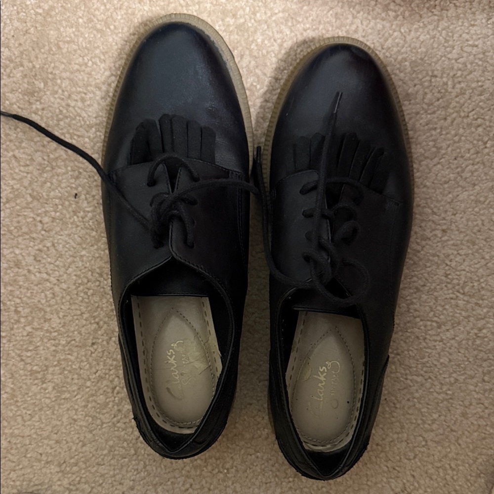 Clarks Black Leather Loafers with Fringe Detail